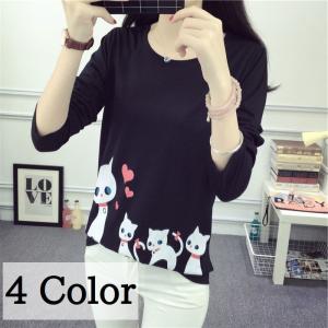 Tシャツ カットソー 長袖 レディース 女性 女子 トップス ラウンドネック キャラクター プリント 猫 ハート 薄手 かわいい 着回し カジュアル