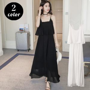ワンピース レディース 夏服 ロング丈 マキシ丈 ノースリーブ Aライン キャミソールワンピース シフォン 無地 カジュアル 可愛い おしゃれ お出か