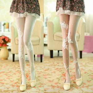 ストッキング タイツ フラワー刺繍 パール調ビジュー