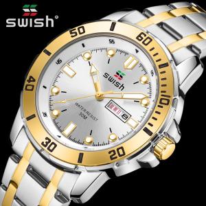 Swish-高級スチール腕時計,クォーツ時計,2トーン,耐水性,男性｜migona