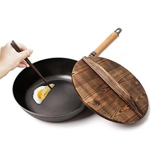 TAMASAKI フライパン 鉄 28cm 焦げ付きにくい 無コーティング ガス対応 熱伝導 手入れが簡単  有害物質を含まない 凹凸〓焼ストライプ 復古杉木蓋付き 炒め鍋