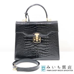 質屋 グッチ GUCCI レディロック クロコダイル バッグ 黒 スト付き 2WAY 000-01-0192 ヴィンテージ H1606 みいち質店
