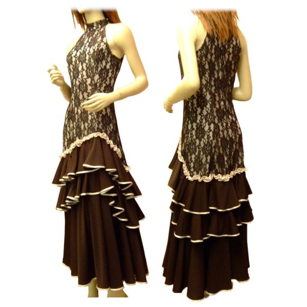 フラメンコ衣装 ワンピース 花柄レース アメリカンスリーブ  花柄  群舞衣装 ダンス衣装 格安 刺...