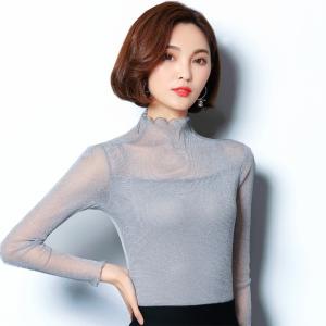 着痩せ効果 輝くトップス【シルバー ML】ラメ 長袖 ボトル ハイネック