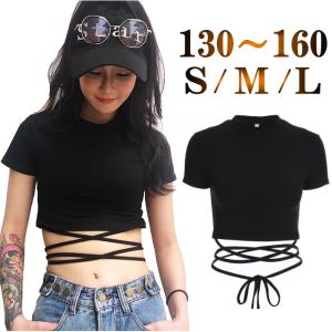 ダンス衣装 トップス 黒 半袖 Tシャツ へそ出し 着痩せ