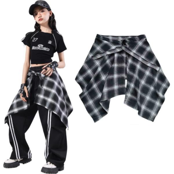 つけ裾 チェック柄【A】ダンス衣装 ヒップホップ シャツ 大きいサイズ 巻きスカート 重ね着風 キッ...