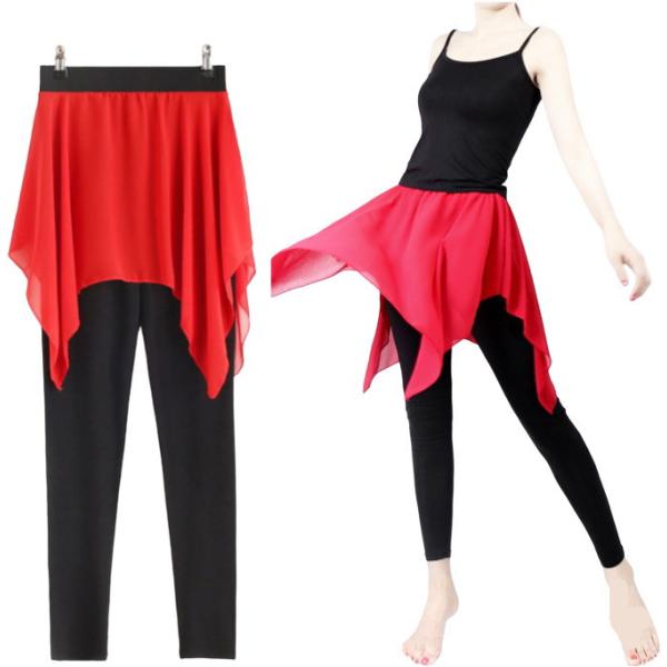 ダンス衣装 スカート付きパンツ【レッド-裾ショート】レギンス ダンス パンツ  シフォン スパッツ ...