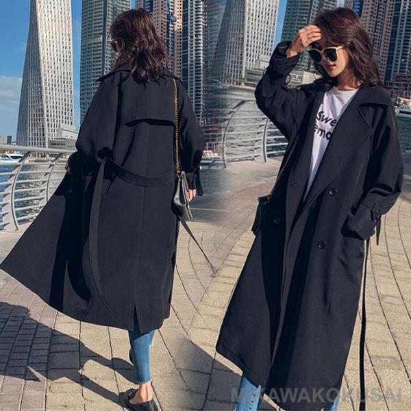 トレンチコート レディース アウター 黒 韓国風 オーバー 秋服 ジャケット 40代 ロング丈スプリ...