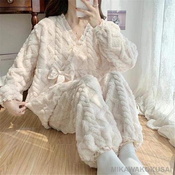 マタニティ パジャマ 冬 モコモコ リボン おしゃれ vネック 長袖 マタニティ ルームウェア 授乳...