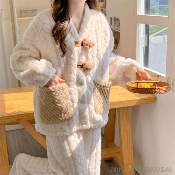 マタニティ パジャマ 冬 モコモコ クマ かわいい シンプル 長袖 マタニティ ルームウェア 授乳口...