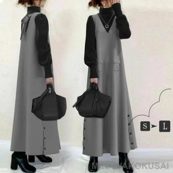 レディース ジャンスカ 春 秋 シャツ シャンパースカート 切り替え Vネック 長袖 ブラス キレイ...