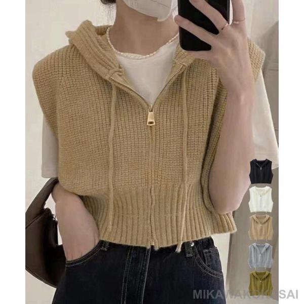 フード付きジップニットベスト ショート丈 春