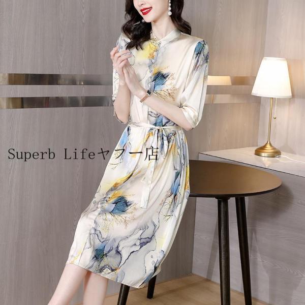 ワンピース レディース 春 夏 膝丈ワンピース 5分袖丈 40代 50代 30代 aライン 総柄 上...