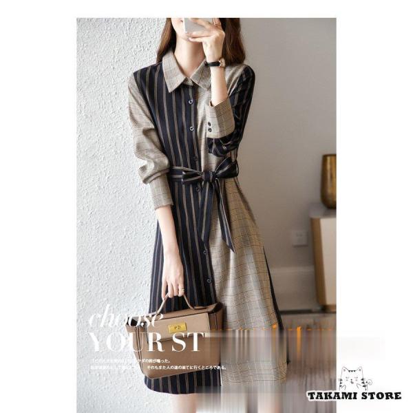 シャツワンピース レディース 30代 40代 50代 春秋冬 Aラインワンピース きれいめ 膝丈 チ...