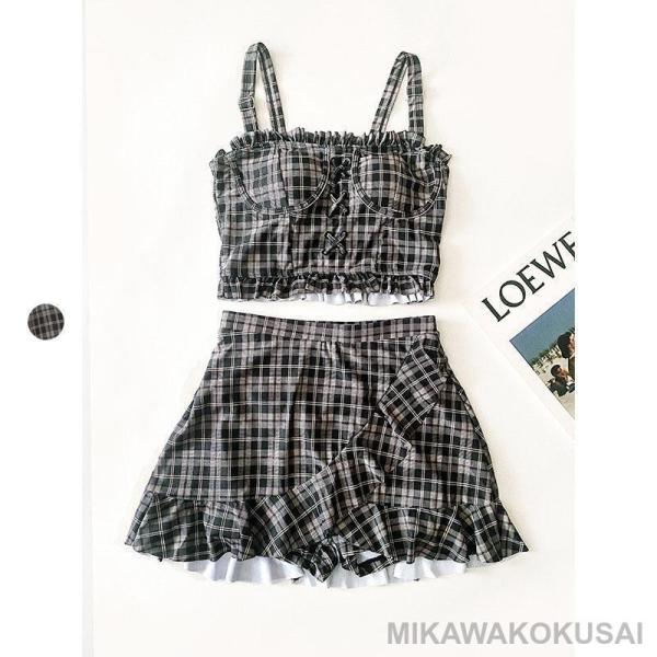 水着 レディース チェック柄 セパレート水着 フリル 体型カバー 小胸バンドゥ スイムウェア オール...