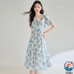 ワンピース レディース 夏 フレンチスタイル 上品 フェミニン V ネック 小花柄 半袖 コットン 100% スリムフィット ロング丈 ハイウエスト A ライン