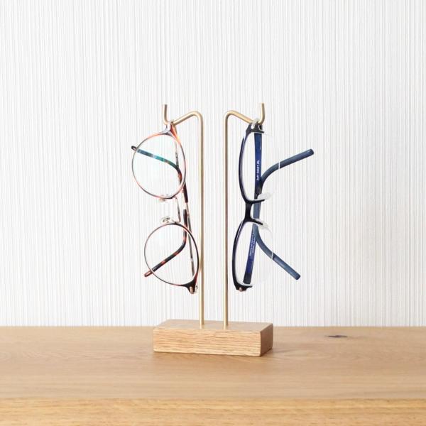 メガネスタンド 木製 オーク×真鍮 2本掛け 無垢材 おしゃれ 北欧風 インテリア ギフトにも