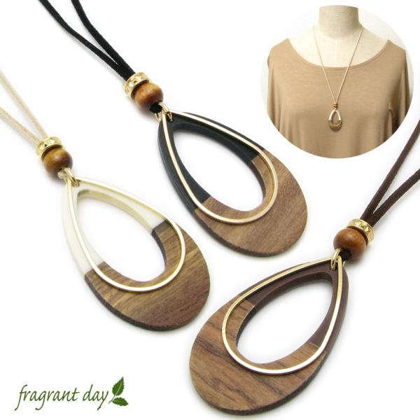 ネックレス レディース ウッド アクリル しずく形 涙 レザー ティアドロップ 天然木 雫 ペンダン...