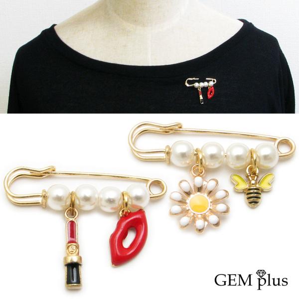 ブローチ レディース パール風 唇 リップ 口紅 花 ミツバチ キルトピン 飾りピン ピンブローチ ...