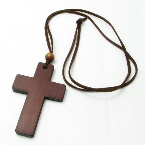 ネックレス 大きな木製クロス レザー ウッドクロス ペンダント 革 KN34041