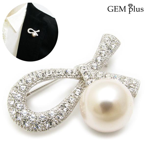 ブローチ レディース りぼん リボン パール 真珠 可愛い ラインストーン シルバーカラー 結婚式 ...
