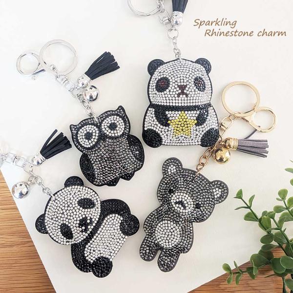 キーホルダー バックチャーム レディース パンダくまフクロウ 革 布 可愛い ラインストーン 不苦労...