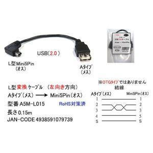 USB2.0 L型 変換ケーブル タイプA メス → Mini5Pin オス L型 左方向 15cm UC-A5M-L015｜milford