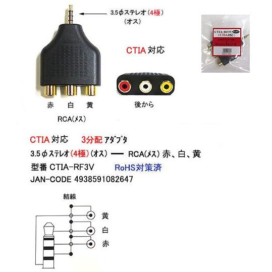 3.5mmステレオ(4極/オス)⇔RCA(メス)x3分配アダプタ/金メッキ(3A-CTIA-RF3V...
