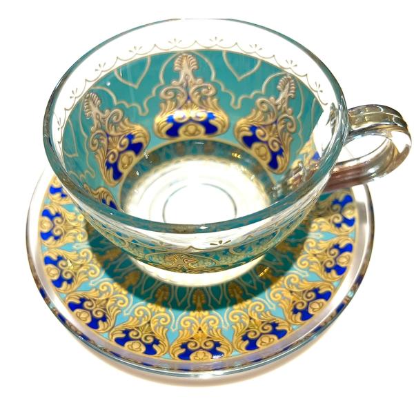 【送料無料】トルコグラス カップ&amp;ソーサー 耐熱ガラス 地中海ブルー イスタンブール製 伝統工芸 ア...
