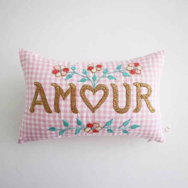CSAO PARIS ミニクッション 刺繍 メッセージ クッション AMOUR 愛 花 葉 ギンガム...