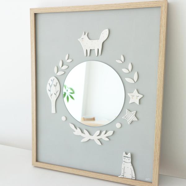 フランス kat's. Bulle 陶磁器 飾りミラー 鏡 ハンドメイド フレーム 額縁 猫 キツネ...