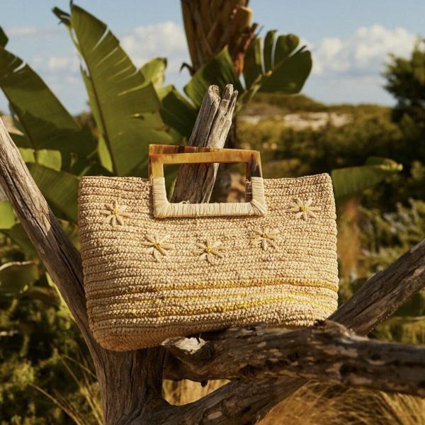 フランス Petite Mendigote  ラフィアバッグ 刺繍 紫陽花 hortensia お花...