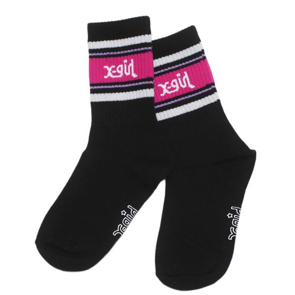 ソックス・レッグウォーマー "エックスガールステージズ" ラインロゴリブクルーソックス クロ(80)