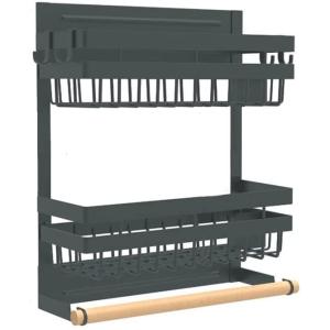 収納ラック 金属製 マグネット式 磁石式 キッチン収納ラック 棚 ペーパーホルダー付き 冷蔵庫側面 ...