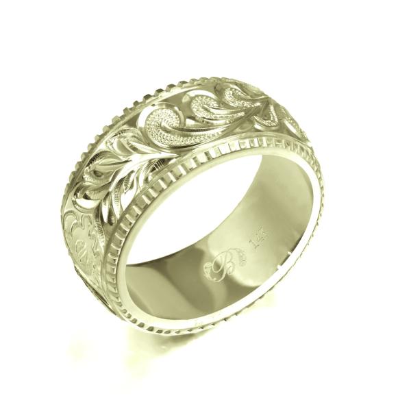 ハワイアンジュエリー オーダーメイド リング 指輪 リング 幅8mm 厚み2mm バレル 14Kグリ...