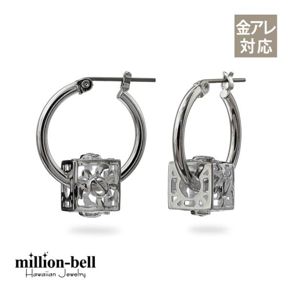 ハワイアンジュエリー ピアス 金属アレルギー対応 純チタンポスト シルバー925　ホヌ キューブ チ...
