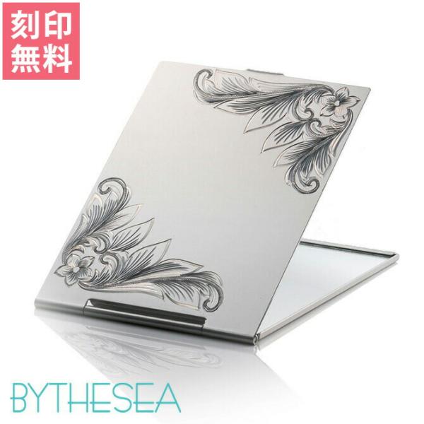 手鏡 コンパクトミラー 刻印無料 アルミニウム ハワイアン手彫り スクロール プルメリア 折りたたみ...