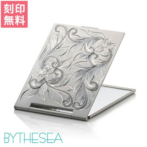 手鏡 コンパクトミラー 刻印無料 アルミニウム ハワイアン手彫り スクロール プルメリア 折りたたみ...