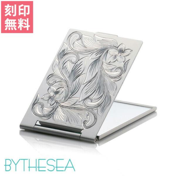 手鏡 コンパクトミラー 刻印無料 アルミニウム ハワイアン手彫り スクロール プルメリア 折りたたみ...