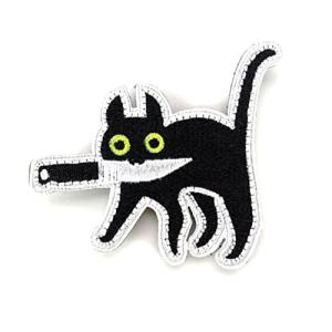 ミリタリー ワッペン サバゲー パッチ マジックテープ ベルクロ ナイフをくわえた猫ちゃんシリーズ 刺繍 黒猫の商品画像