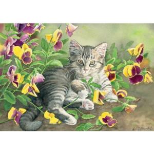 猫のプチノートカード　スーザン・ボーデット　プレイング・イン・ザ・ガーデン｜mimikobo