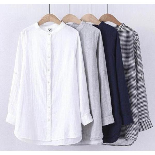 シャツ ガーゼシャツ レディース ブラウス 長袖 ブラウス バンドカラー スタンドカラー 白シャツ ...