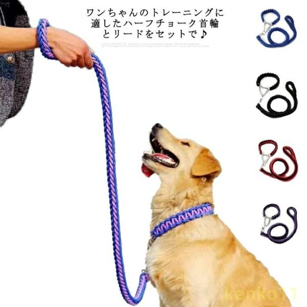 首輪付きリードセット セット ハーフチョーク 全11色×4サイズ XL ＋ しつけ ペット 首輪 犬...