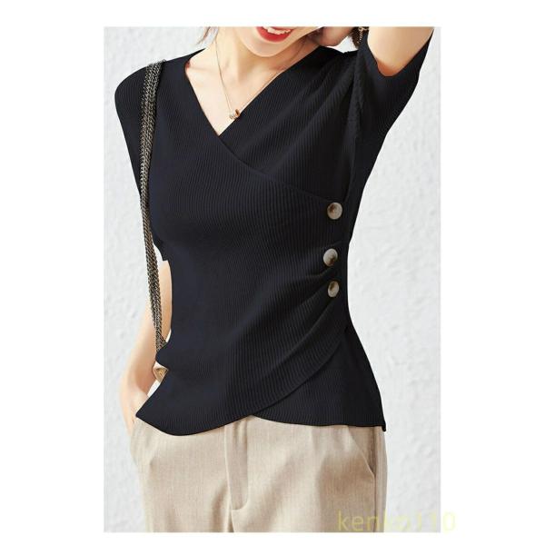 【送料無料】クロスVネック半袖アイスシルクTシャツレディース夏