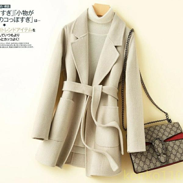 ウールコート レディース 秋冬 ベルト付き ビックカラー コート アウター カシミヤ カジュアル チ...