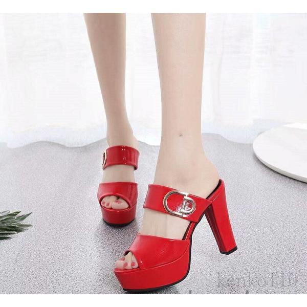 チャンキーヒール オープントゥサンダル ハイヒール スリッパ レディース ヒール11cm ミュール ...