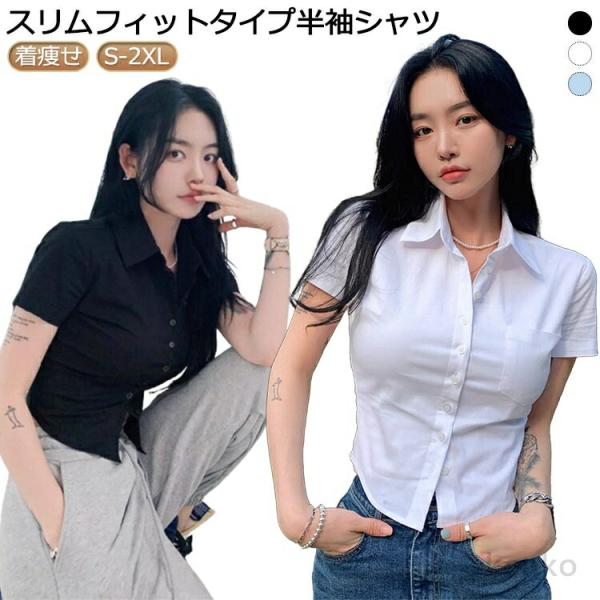 【送料無料】半袖シャツ レディース 折り襟シャツ 無地 ワイシャツ タイト スリム 着痩せ セクシー...