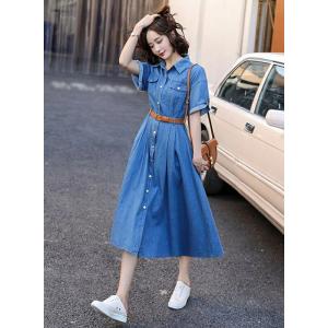 【送料無料】ワンピース デニムワンピース 半袖 ロング丈 ひんやり ベルト付き 肌触りのいい アイス...