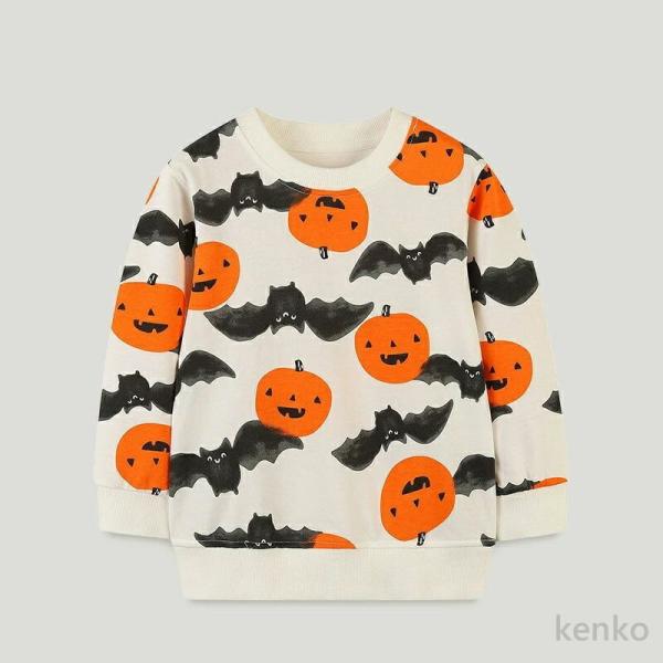 【送料無料】かぼちゃ プリント袖リブ 長袖Tシャツ ハロウィンTシャツ 子供服 キッズ ベビー 男の...