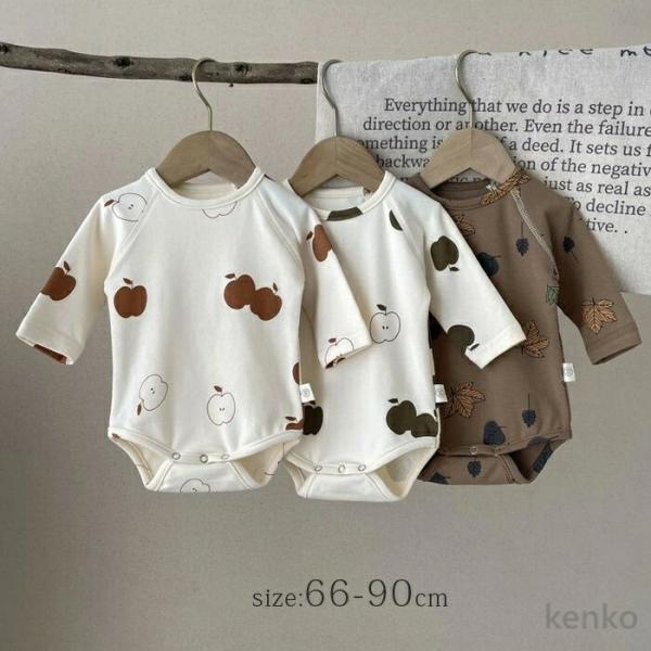 【送料無料】ベビーロンパース 出産祝い 春 秋 冬 ベビー肌着 りんご 楓 ナチュラルカラー 長袖 ...